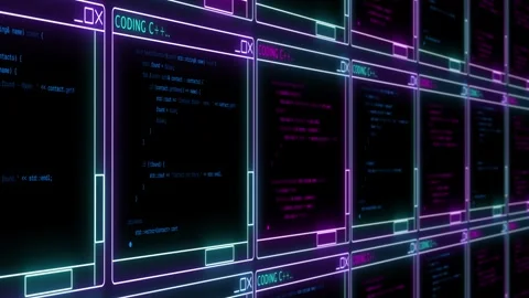 Animation of wall with many programming windows in retro style cyber punk gr Stock-Footage 258597982