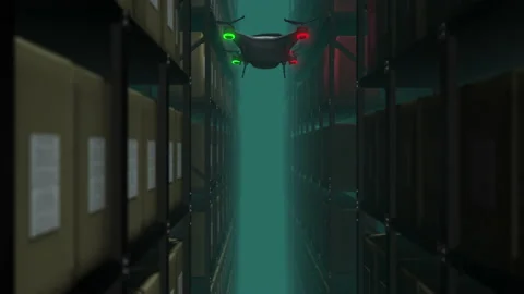 Animation with warehouse drone scanning QR codes on the cardboard boxes in a met Stock Footage 152468068