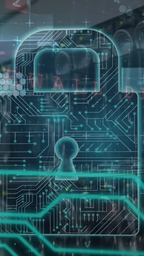 Animation of warning data processing, online security padlock and circuit board Stock Footage 343919231