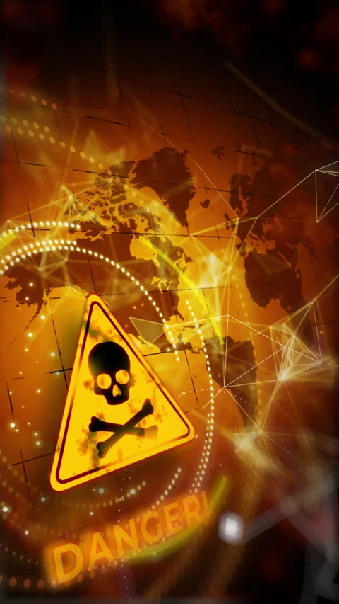 Animation warning round yellow sign with skull. Abstract loop danger background Stock Footage 275087865