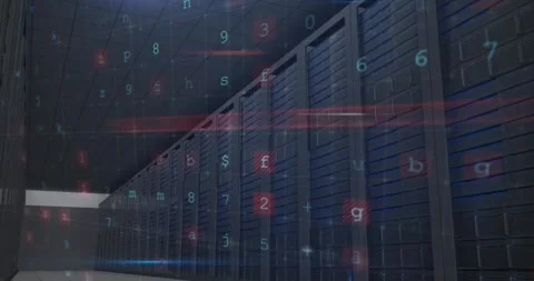 Animation of warning text and data processing over computer servers in Stock Footage 328086621