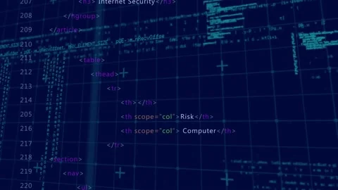 Animation of warning text, binary coding and data processing over grid Stock Footage 171334464
