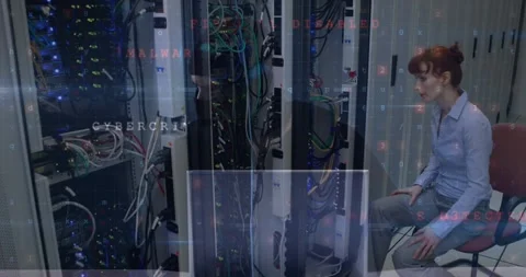 Animation of warning text, data processing over computer servers and caucasian Stock Footage 327445400