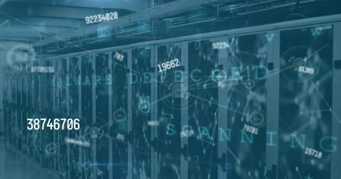 Animation of warning text on interface with data processing over computer server Stock Footage 327197511