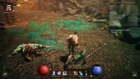 Animation of a warrior character clearing the area in a pc video game quest Video stock 279237299