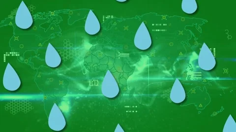 Animation of water drop icons in seamless pattern over digital wave and world Stock Footage 327200044