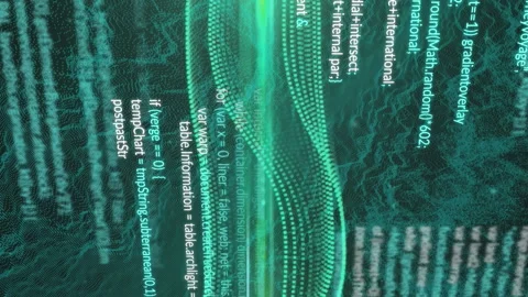 Animation of wave pattern and computer language with dynamic waves over black Stock Footage 314143914