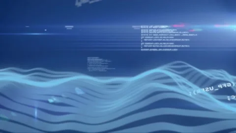 Animation of wave pattern and computer language with lens flares over abstract Stock Footage 328154985