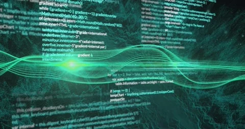 Animation of wave pattern and computer language with dynamic waves over black Stock Footage 330058733