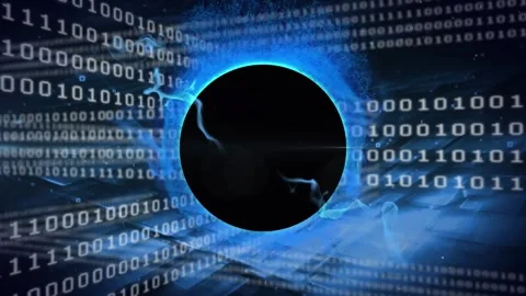 Animation of wave pattern around black globe over looping binary codes against Stock Footage 246533414