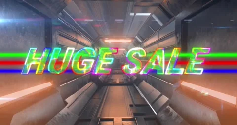 Animation of wave pattern in huge sale text over looping futuristic tunnel in Video stock 247908334