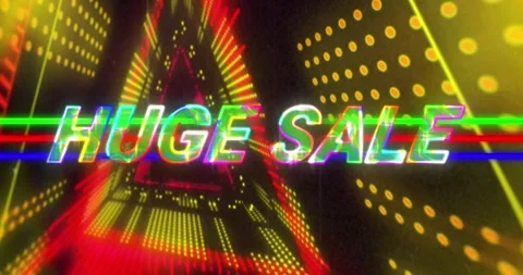 Animation of wave pattern in huge sale text over geometric shapes tunnel against Video stock 326189177