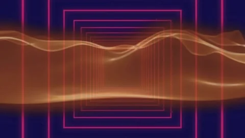 Animation of wave pattern over pink looping square shape against blue background Video stock 328250784