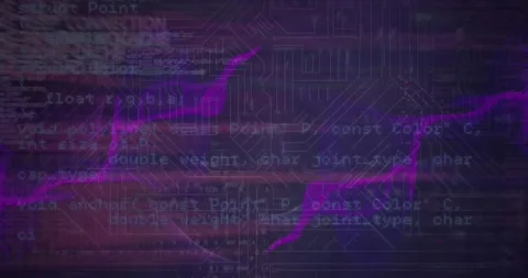Animation of wave patterns over computer language against circuit board pattern Stock Footage 328354570