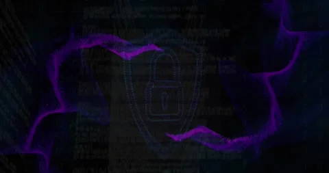 Animation of wave patterns over computer language against padlock in shield on Stock Footage 330061602