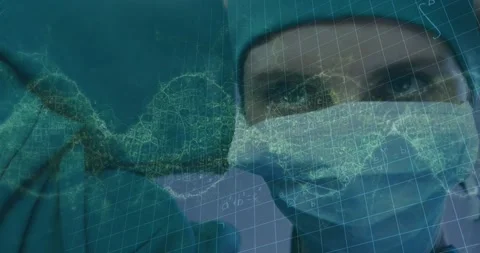 Animation of waves and math formulas over caucasian female surgeon in face mask Stock Footage 328976555