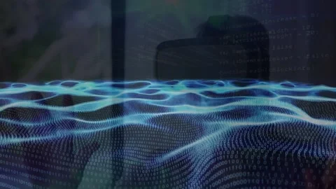 Animation of waves of binary coding over person wearing vr headset Stock Footage 157193031