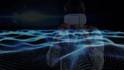 Animation of waves of binary coding over man wearing vr headset Stock Footage 157193036