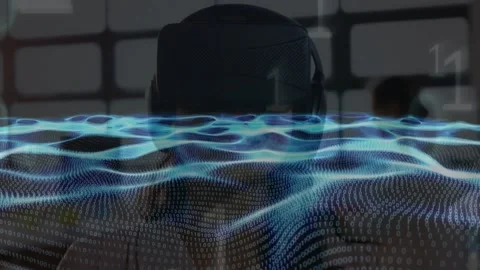 Animation of waves of binary coding over woman wearing vr headset Stock Footage 157193046