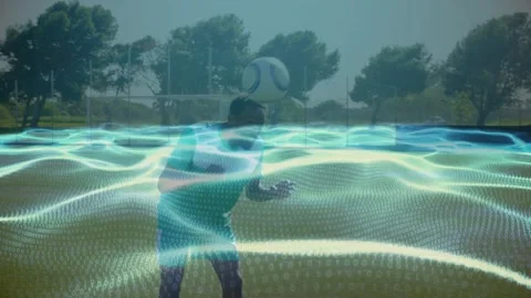 Animation of waves with binary coding over diverse football players on stadium Stock Footage 329222543