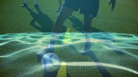 Animation of waves with binary coding over diverse football players on stadium Stock Footage 329364247