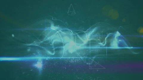 Animation of waves, lights and math formulas in navy space Stock Footage 330061156