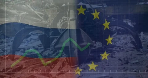 Animation of waving eu flag against claw attachment of hydraulic lifting machine Stock Footage 328354640