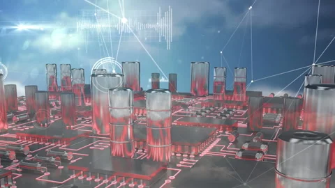 Animation of web of connections with a microprocessors with towers on it over Video stock 131275078