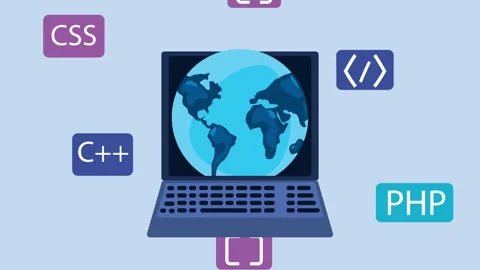 Animation of web development and programming languages floating around lapt.. Vídeo Stock 333722030