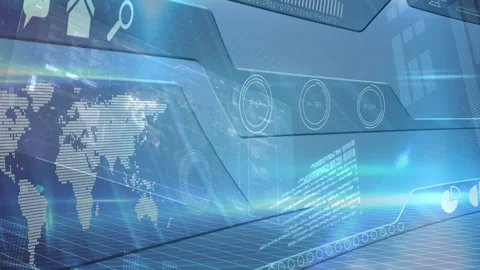 Animation of a website with world map globe spinning and data and information Stock Footage 147870260