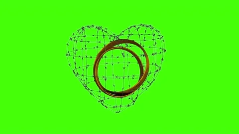 Animation of wedding rings inside the barbed wire in the form of a heart. Stock Footage 167095881