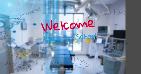 Animation of welcome back to school text and mathematical equations over lab Stock Footage 326889047