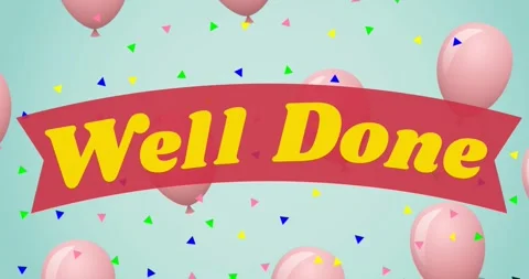 Animation of well done text and balloons falling on pink background Stock Footage 328585349