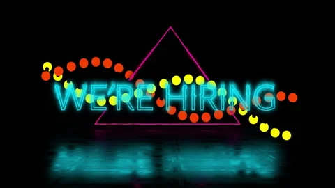 Animation of We're Hiring text with colorful dots and triangle on dark Stock Footage 304078341