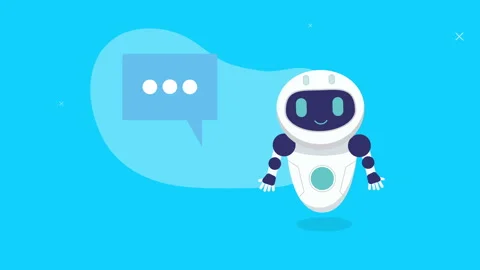 Animation of white and blue robot with a smiling digital face is floating on a Stock Footage 277324576