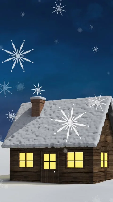 Animation of white christmas snowflakes falling at night over snow covered house Stock Footage 342225157