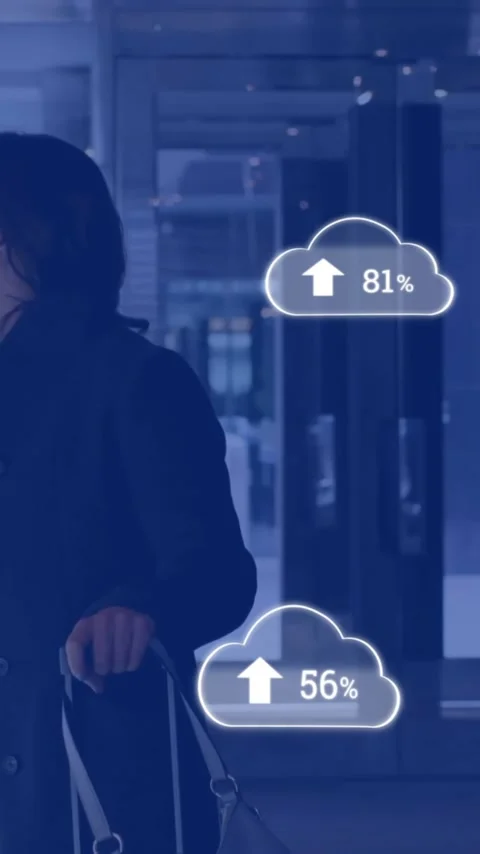 Animation of white cloud symbols uploading data over caucasian woman using Stock Footage 343643546