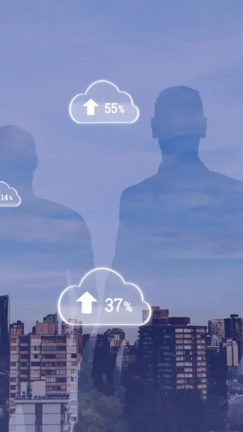 Animation of white clouds with arrows and percent growing over cityscape Stock Footage 342136258