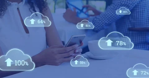 Animation of white clouds uploading data over diverse customers in cafe using Stock Footage 257113818