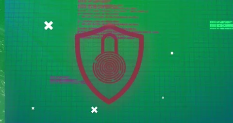 Animation of white crosses over globe, data processing with padlock, and network Video stock 325178903
