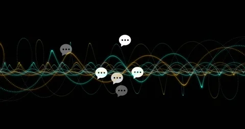Animation of white floating message icons over multicolored wave pattern against Stock-Footage 329692761