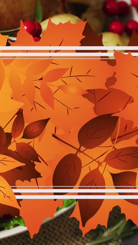Animation of white frame and autumn leaves over thanksgiving dinner background Stock Footage 343609820