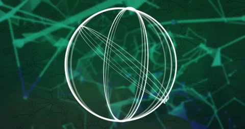 Animation of white geometric lines forming sphere over green network background Stock Footage 303675770
