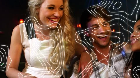 Animation of white line pattern over happy group of friends having fun at party Stock Footage 157349564