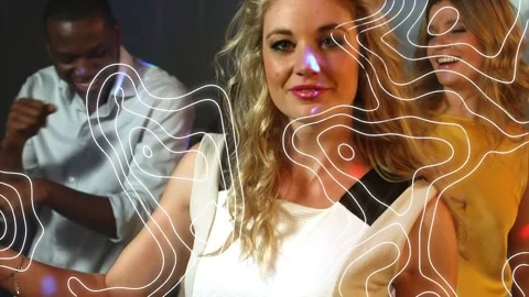 Animation of white line pattern over happy group of friends having fun at party Stock Footage 157349587