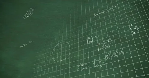 Animation of white mathematical equations and diagrams over grid pattern against Stock Footage 328354552