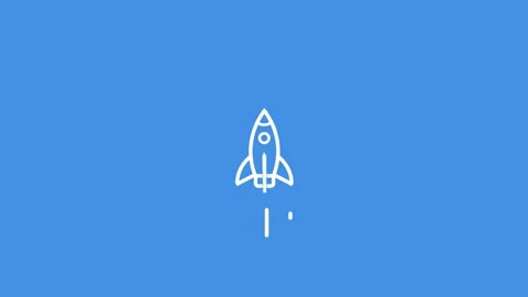 Animation White outline rocket ship launching upwards on a solid blue backg.. Stock Footage 321855102