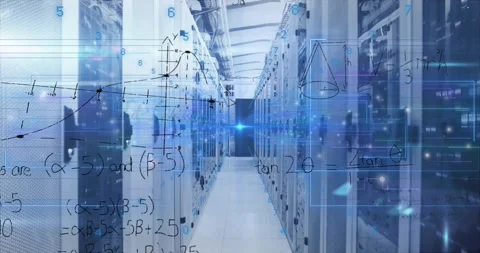 Animation of white particles, blue light trails and mathematical equations over Stock Footage 328974429