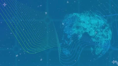 Animation of white particles falling over digital wave and spinning globe Видео 221285420