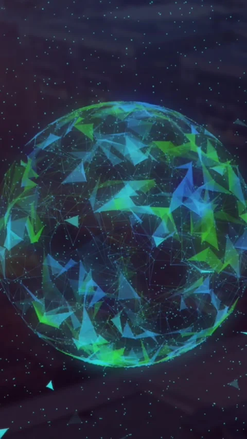 Animation of white particles over globe of plexus networks spinning against Video stock 343682555